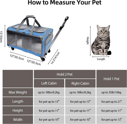 GJEASE Cat Rolling Carrier for 2 Cats,Double-Compartment Pet Rolling Carrier with Wheels for 2 Pets,for Up to 35 LBS,Super Ventilated Design,Ideal for Traveling/Hiking/Camping