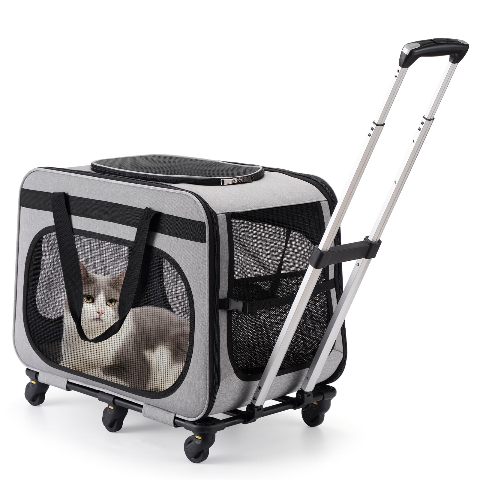 Extra Large Double Pet Carrier with Wheels for Small Dogs and All-Breed Cats, Cat Rolling Carrier for 2 Cats, Support up to 40 Lbs, Grey