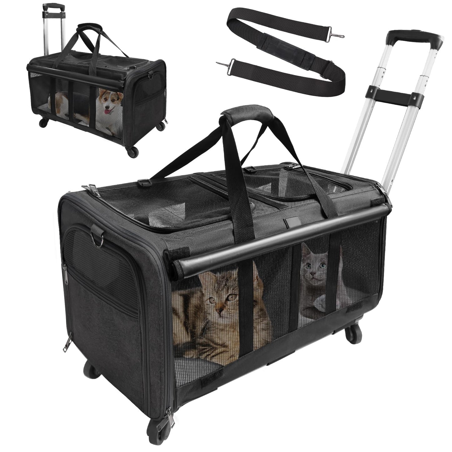 GJEASE Cat Rolling Carrier for 2 Cats,Double-Compartment Pet Rolling Carrier with Wheels for 2 Pets,for Up to 35 LBS,Super Ventilated Design,Ideal for Traveling/Hiking/Camping