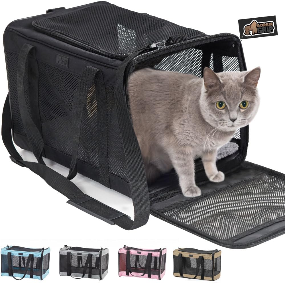 Gorilla Grip Airline Travel Cat Carrier Bag Up to 15 Lbs, Breathable Mesh Collapsible Pet Carriers for Small, Medium Cats, Small Dogs, Puppies, Portable Kennel with Soft Washable Waterproof Pad, Blue