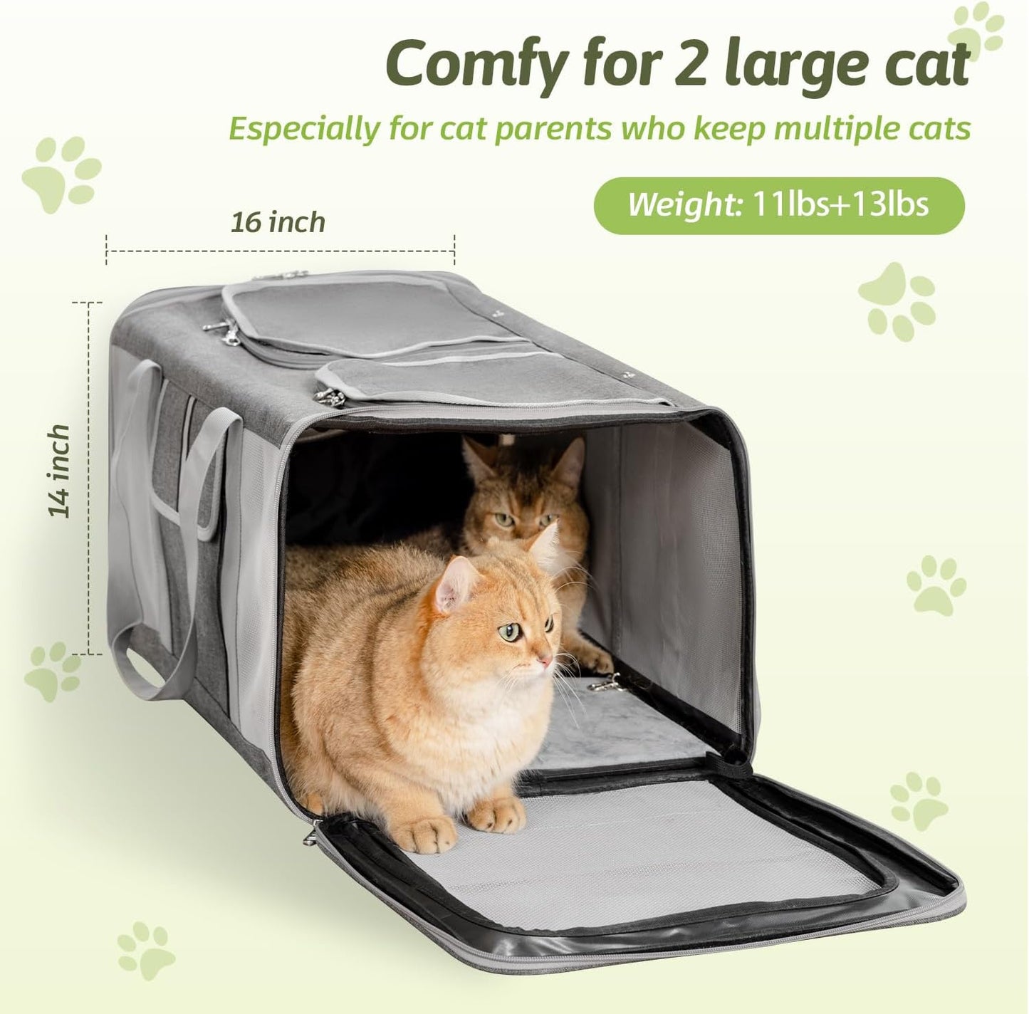 Extra Large Cat Carrier for 2 Cats, 24x 14x 16in Pet Carrier for Cat and Dog Up to 40lbs, All-Sided Large Mesh Cat Carrier with Great Ventilation, Portable Soft Sided Pet Carrier for Traveling