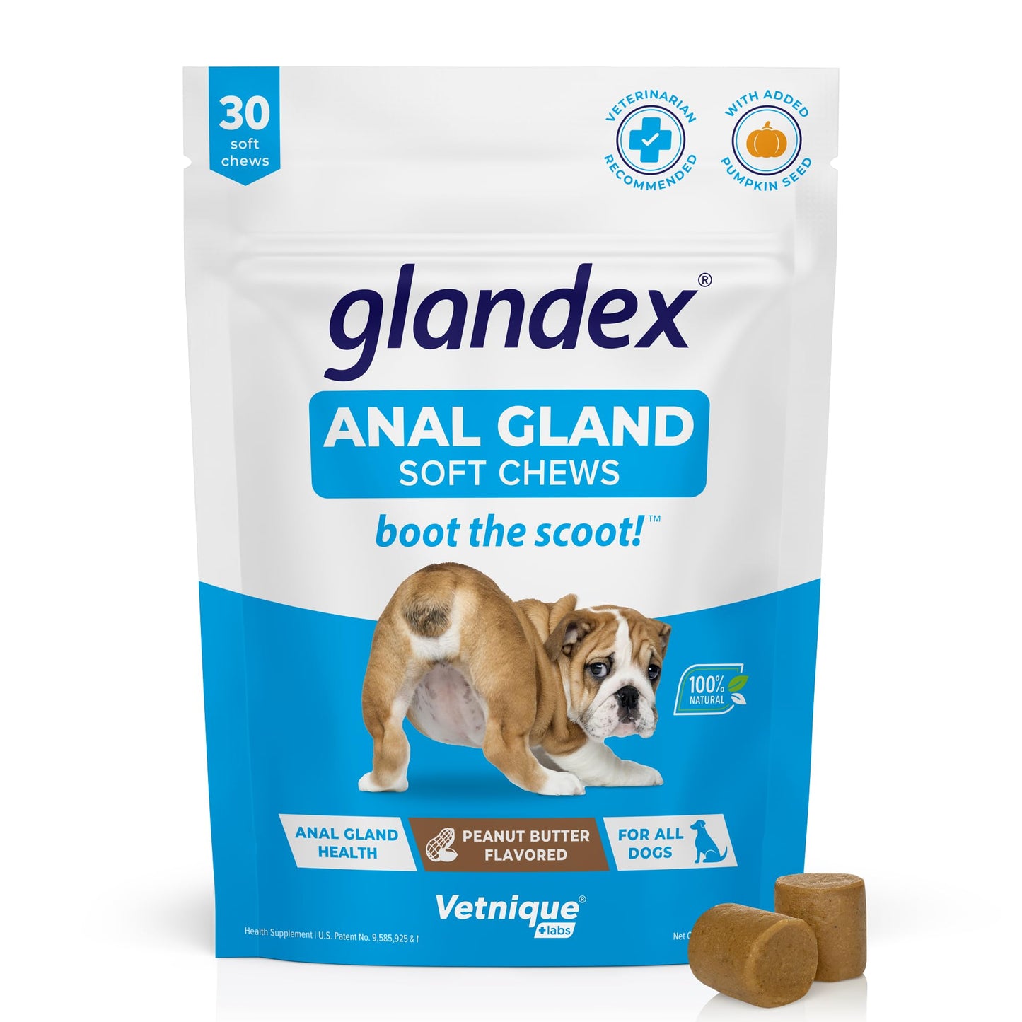 Glandex Anal Gland Soft Chew Treats with Pumpkin for Dogs Digestive Enzymes, Probiotics Fiber Supplement for Dogs Boot The Scoot (Peanut Butter Chews, 60ct)