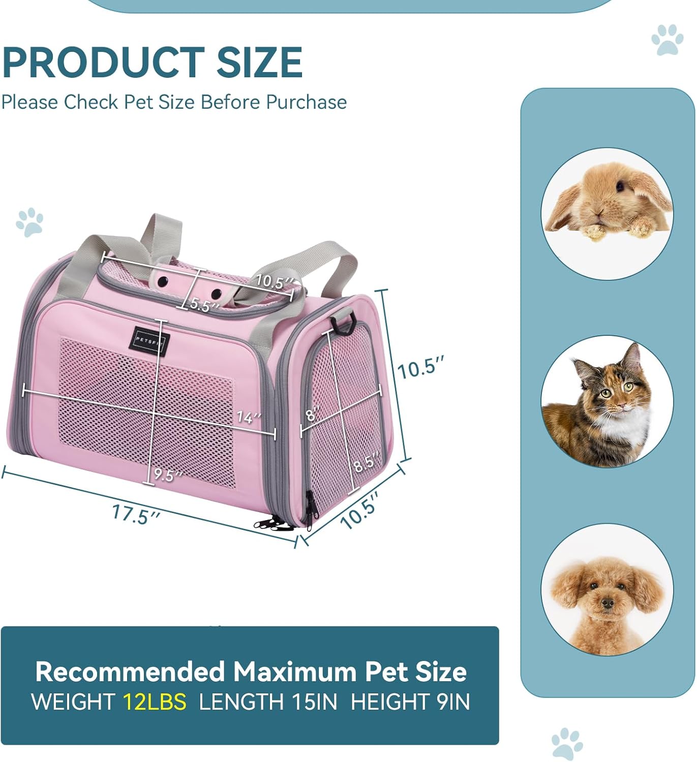 PETSFIT Cat Carrier, Pet Carrier Airline Approved, Cat Travel Carrier for Small and Medium Cats Under 12 Lbs, Soft Sided Kitten Carrier with Cozy Extendable Mat, Cat Carrier Bag, Pink