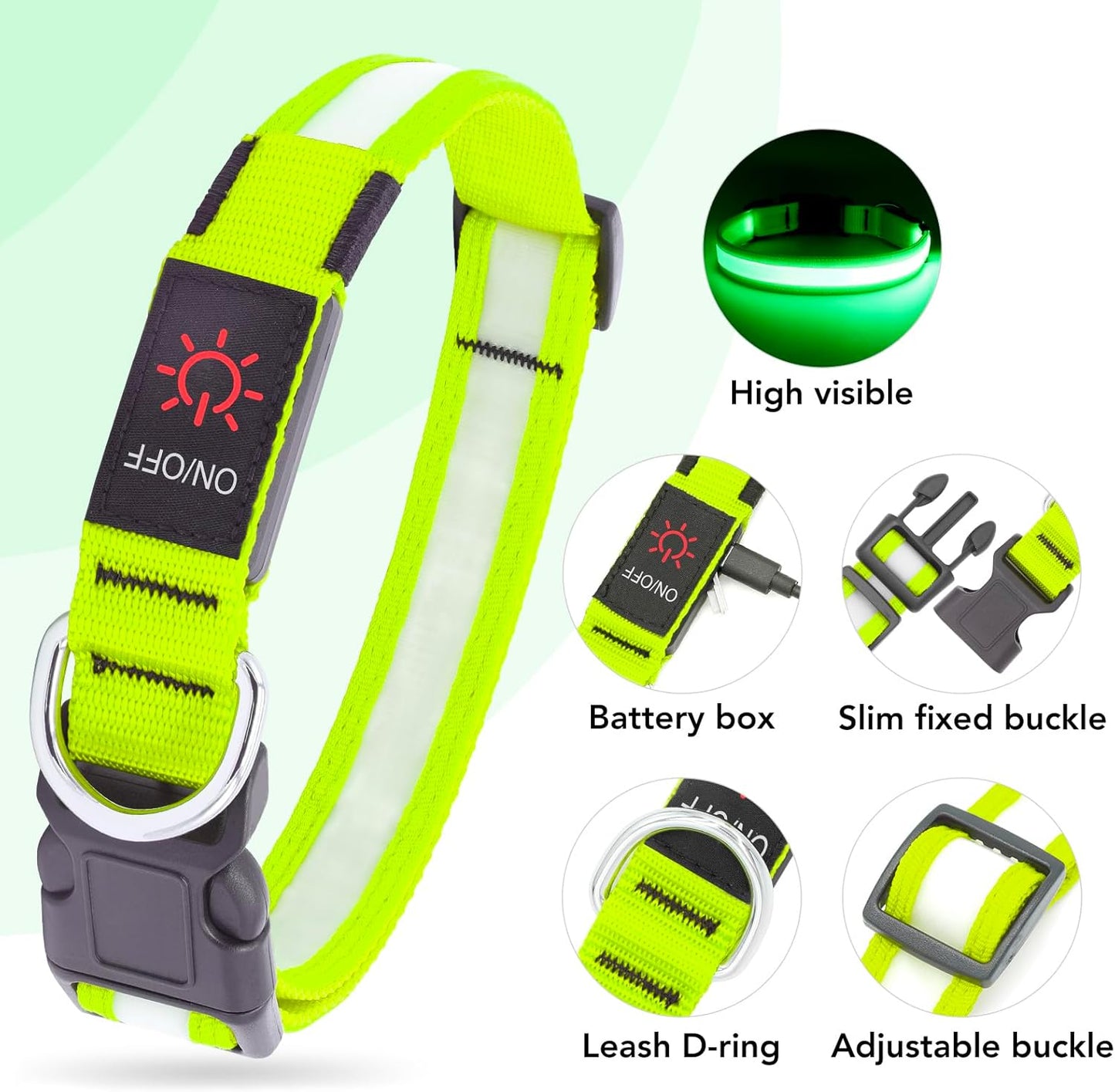 Vizpet LED Dog Collar, Light Up Dog Collar Adjustable USB Rechargeable Super Bright Safety Light Glowing Collars for Dogs(Medium,Green)