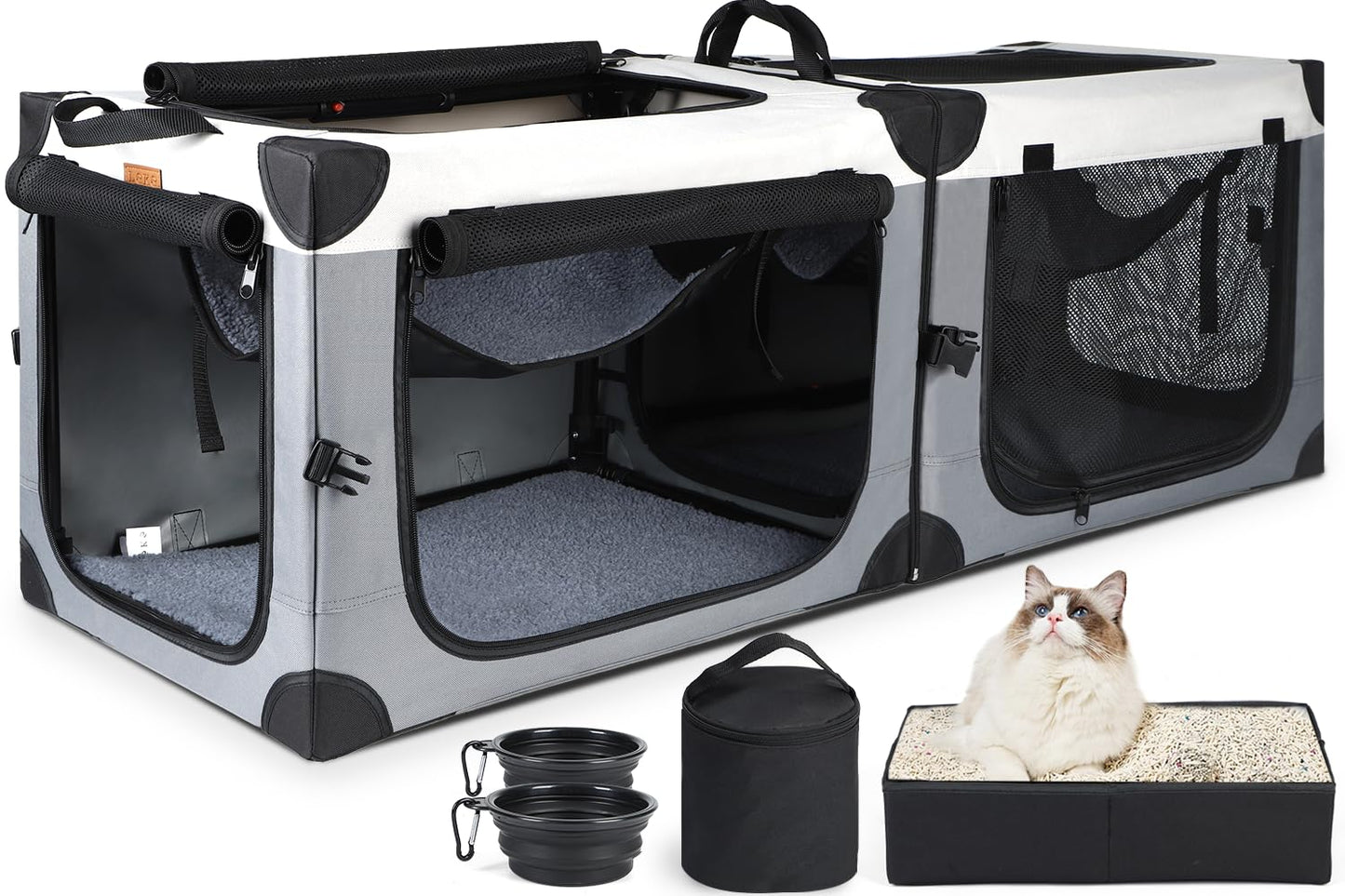 Lekereise 2-in-1 Cat,Dog Carrier for Small Medium Large Pets up to 35 Lbs, (17.7"*2)*16.5"*13" Car Travel Carrier with Litter Box, Bowl, and Locking Zipper - Grey