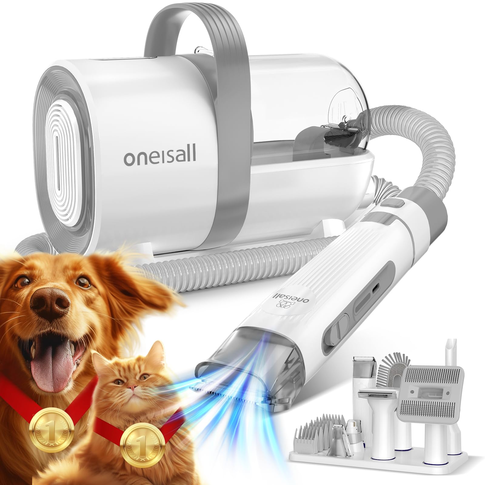 oneisall Dog Hair Vacuum & Dog Grooming Kit, Pet Grooming Vacuum with Pet Clipper Nail Grinder, 1.5L Dust Cup Dog Brush Vacuum with 7 Pet Grooming Tools for Shedding Pet Hair, Home Cleaning