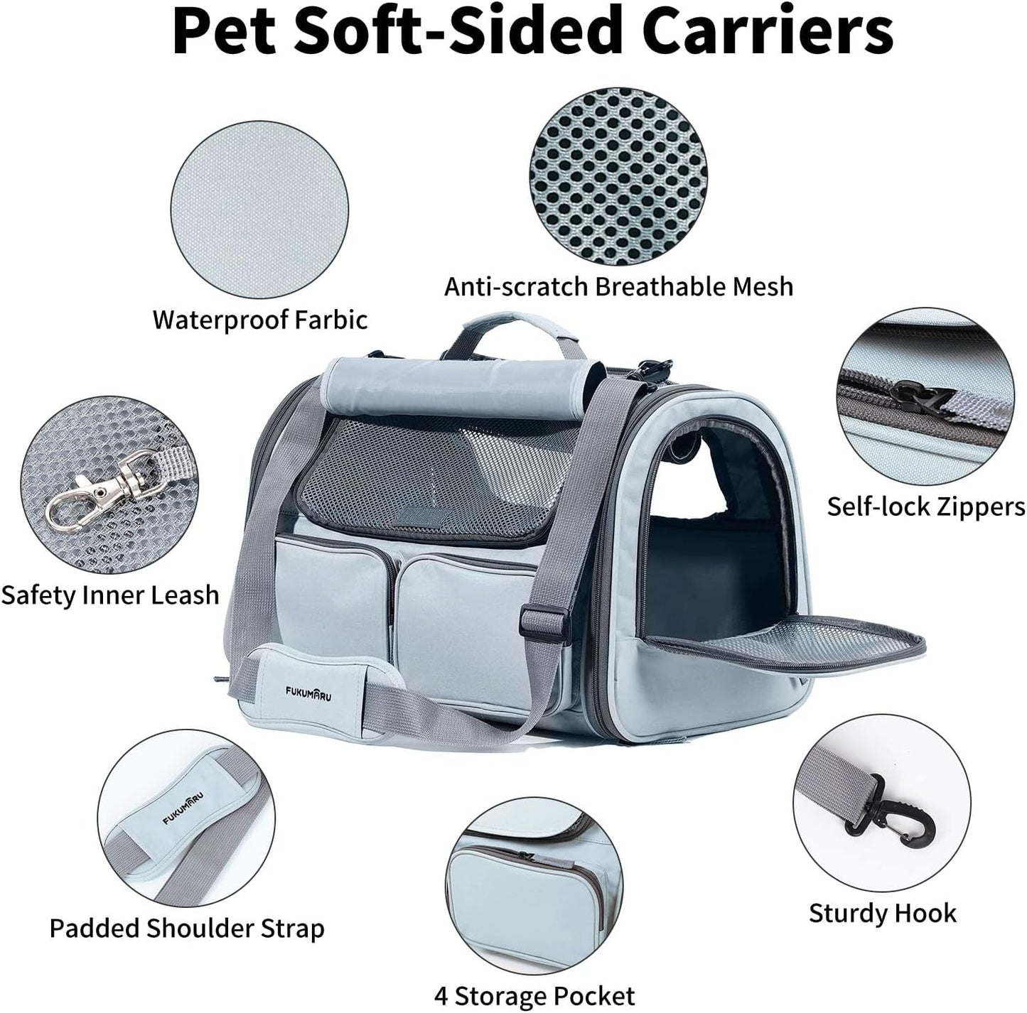 FUKUMARU Cat Carrier, Soft-Sided Small Dog Carrier, Large Cat Travel Bag with 4 Mesh Windows, Under 15 lb Airline Approved Pet Carrier with 4 Storage Pockets, Rollable Cover for Nervous Cats, Grey