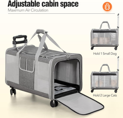 Double Cat Carrier with Wheels, 24" L x 14.5" W x 14" H Extra Large Cat Carrier for 2 Big Cats, Soft Rolling Pet Carrier for Dogs Up to 40 Lbs, Double-Compartment Foldable Pet Carrier (Grey)