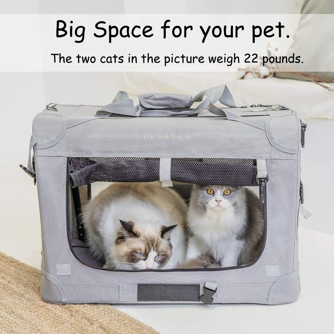 Extra Large Cat Carrier Soft Sided Folding Small Medium Dog Pet Carrier 24"x16.5"x16" Travel Collapsible Ventilated Comfortable Design Portable Vehicle Without Curtain(Basic Grey)