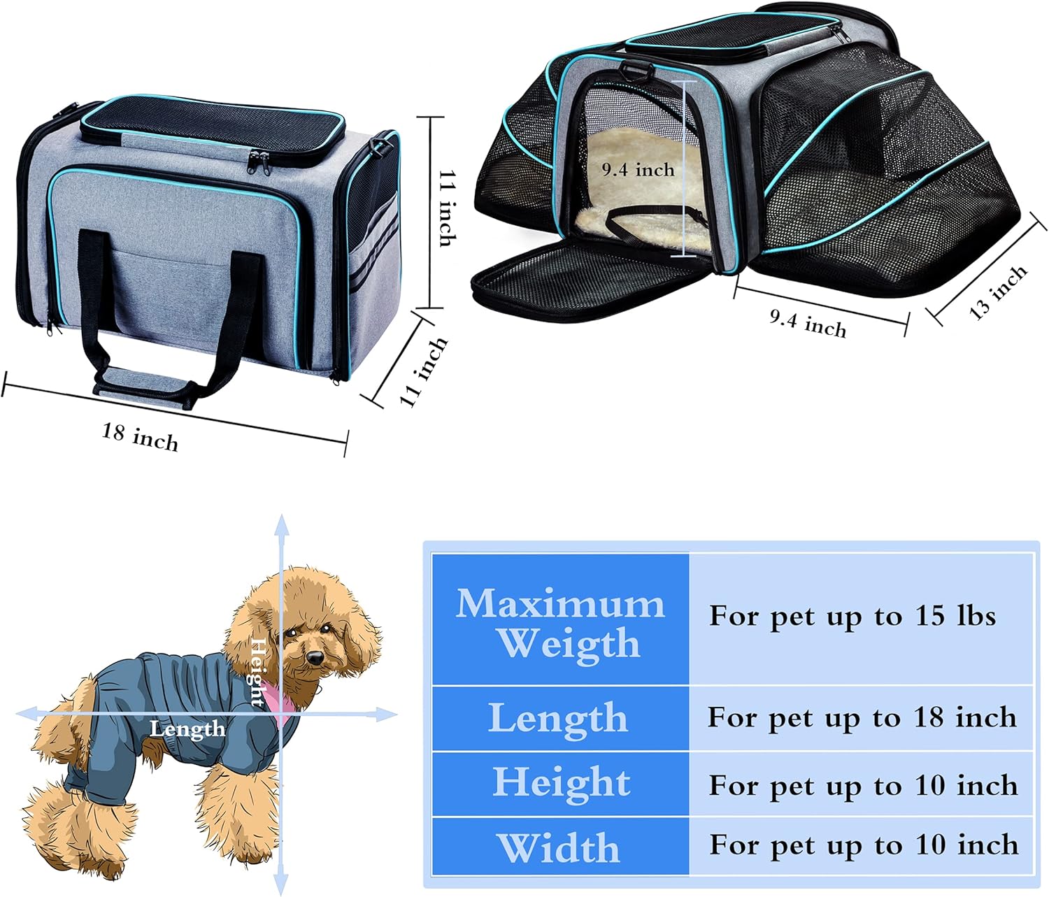 Cat Dog Carrier - Airline Approved Expandable Soft-Sided Pet Carrier with Removable Fleece Pad and Pockets, for Cats/Puppy and Small Animals Large(2 side expandable)