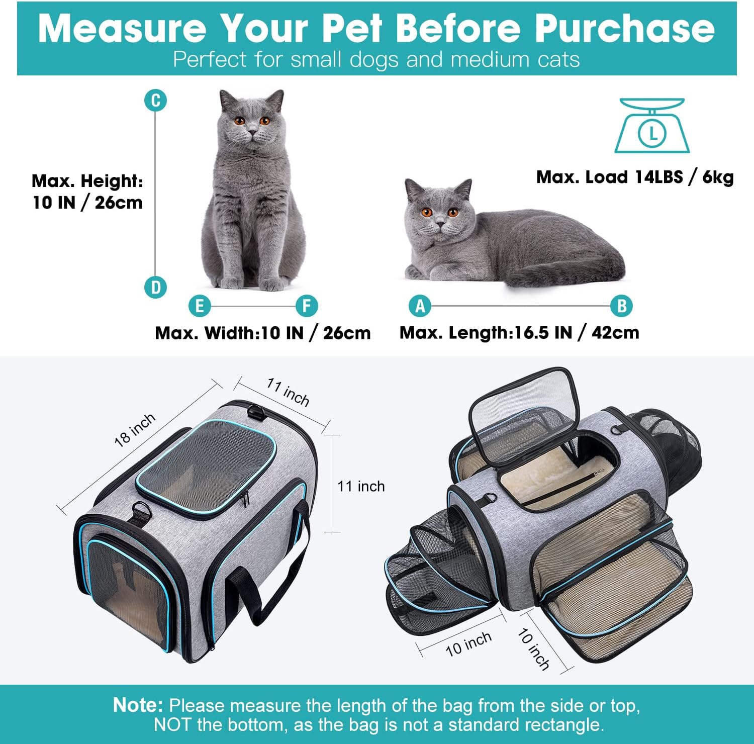 Siivton 4 Way Expandable Pet Carrier, Airline Approved Collapsible Cat Soft-Sided Carriers W/Removable Fleece Pad for Cats, Puppy, Small Dogs (18"x 11"x 11")