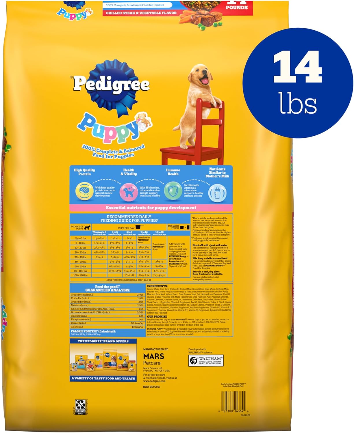 Pedigree Puppy Dry Puppy Food, Grilled Steak and Vegetable Flavor, 14 lb. Bag