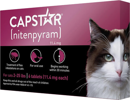 CAPSTAR (nitenpyram) Oral Flea Treatment for Cats, Fast Acting Tablets Start Killing Fleas in 30 Minutes, Cats 2-25 lbs, 6 Doses