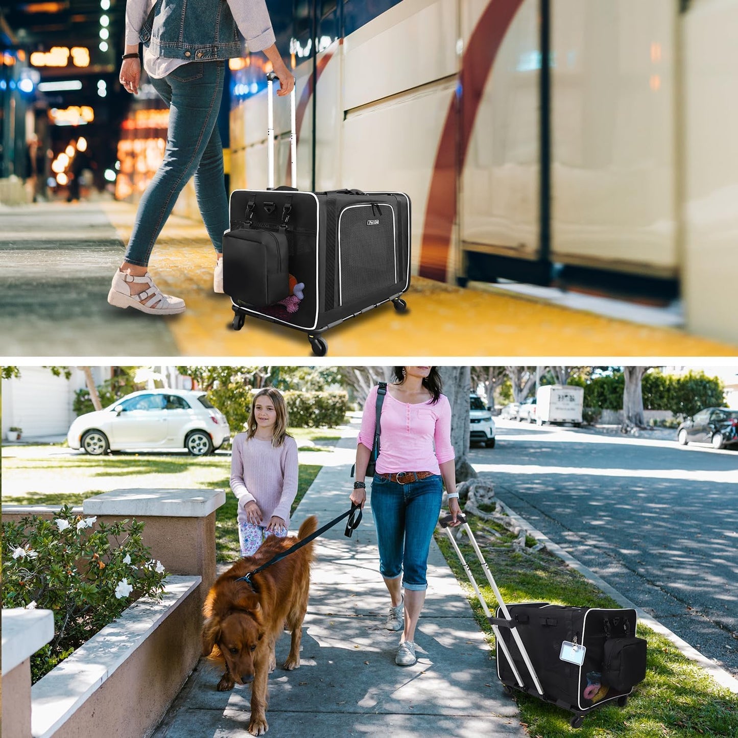 Petskd Extra Large Pet Carrier with Wheels 24"x17"x17" for Cats, Pet Carrier for 2 Cats or Medium Dog, Cat Carrier for Car Travel with Litter Box, Bowl and Locking Safety Zipper(Black)