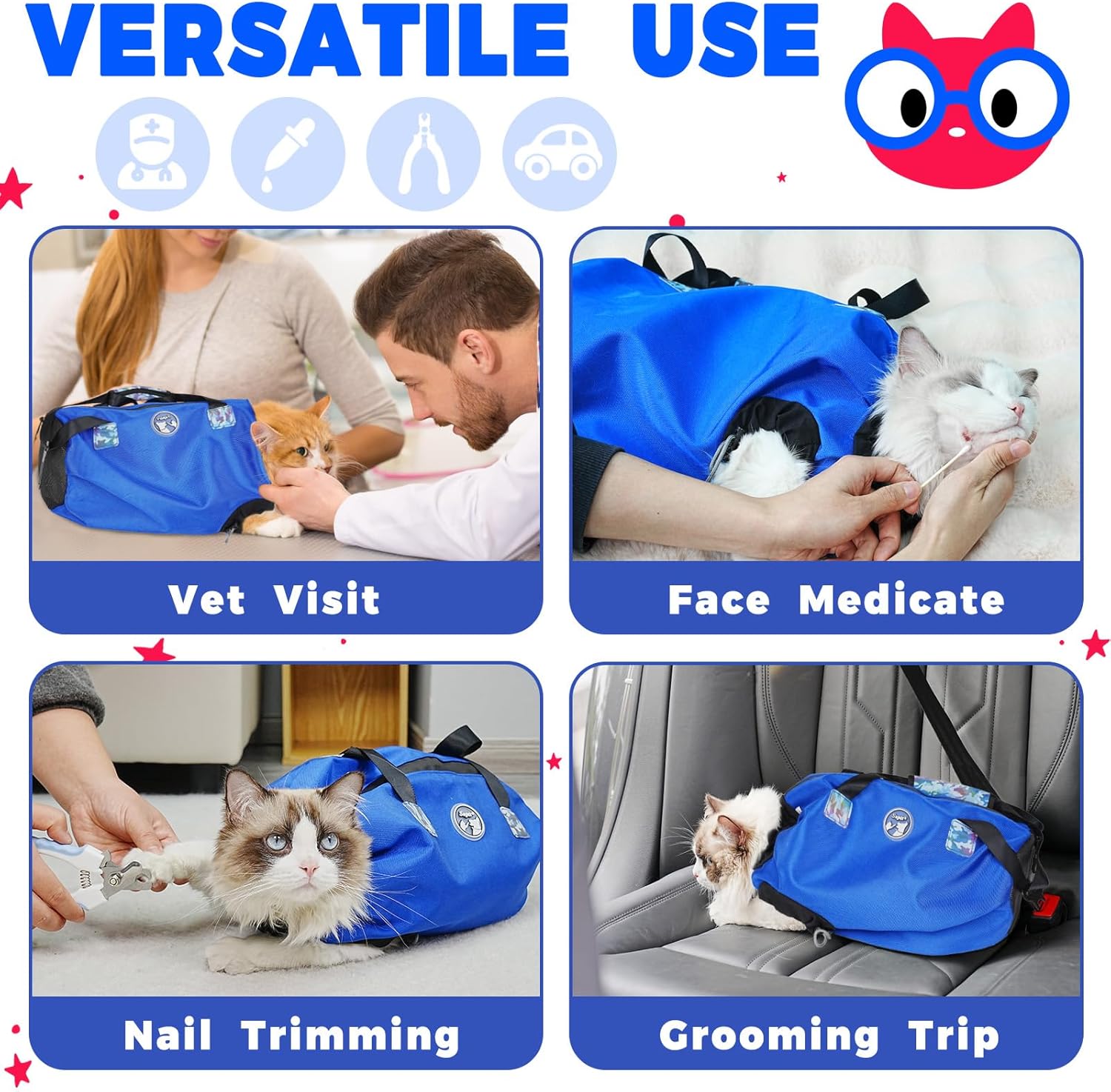 Large Cat Carrier Pouch for Vet Visits, Breathable Cat Sling Carrier for Cutting Nails, Grooming, Travel, Medication, Cat Restraint Bag, Pet Carrier for Cats, Cat Carrier Soft, (Blue,L)