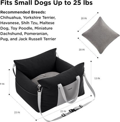 Lesure Small Dog Car Seat for Small Dogs - Waterproof Dog Booster Seat for Car with Storage Pockets, Clip-On Safety Leash and Thickened Memory Foam Filling, Pet Travel Carrier Bed Up to 25lbs, Black