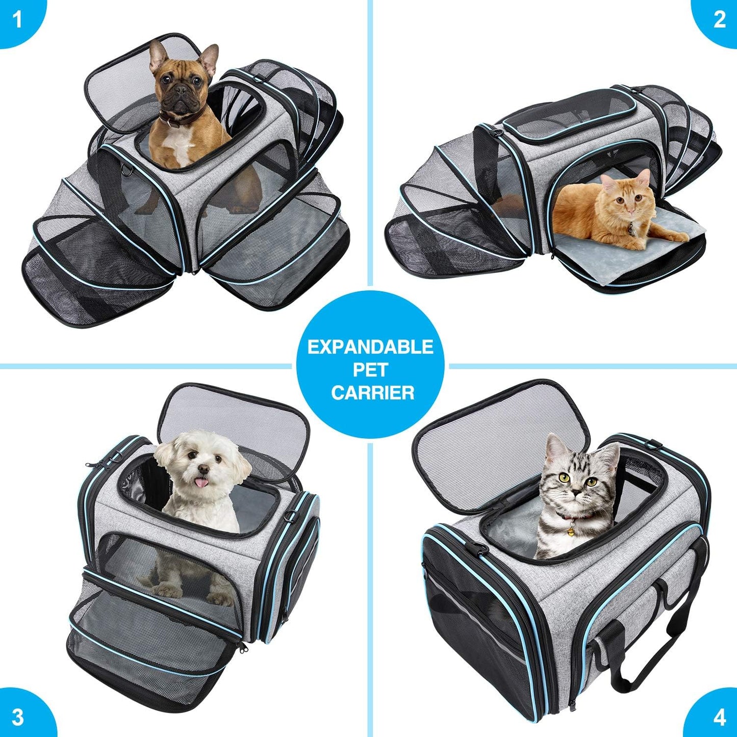 Airline Approved Pet Carrier, Large Soft Sided Pet Travel TSA Carrier 4 Sides Expandable Cat Collapsible Carrier with Removable Fleece Pad and Pockets for Cats Dogs and Small Animals