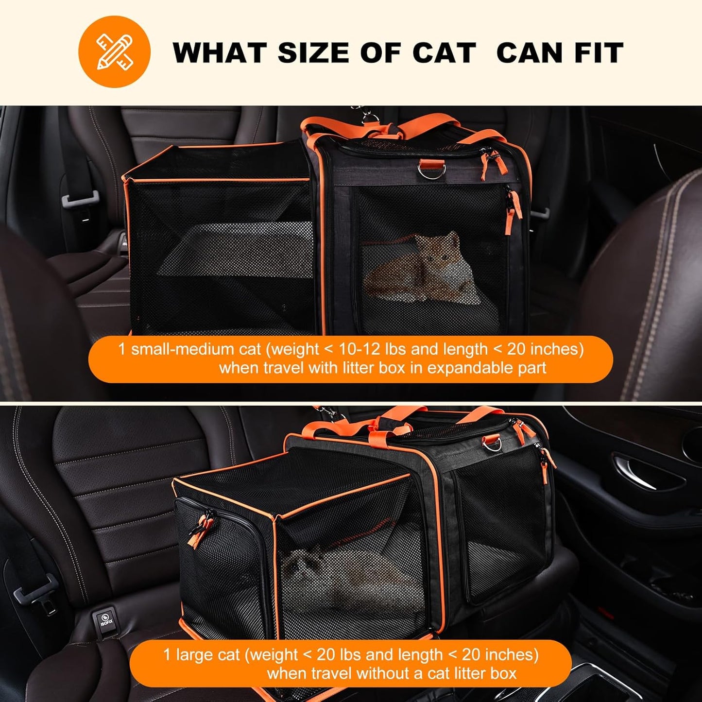 20 x 14 x 14 Expandable cat car Travel Carrier for 1 Small-Medium cat,with a Portable Leakproof Small cat Litter Box