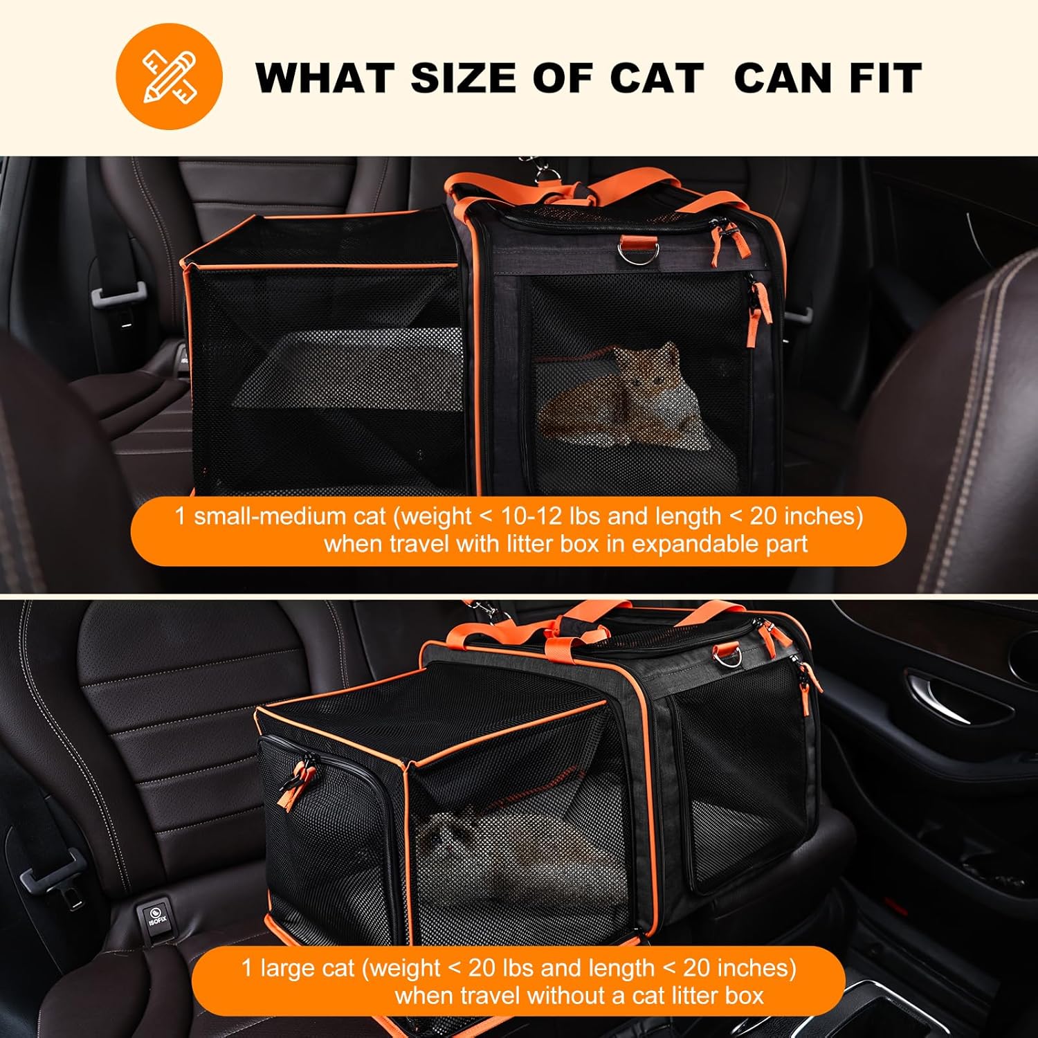 20 x 14 x 14 Expandable cat car Travel Carrier for 1 Small-Medium cat,with a Portable Leakproof Small cat Litter Box