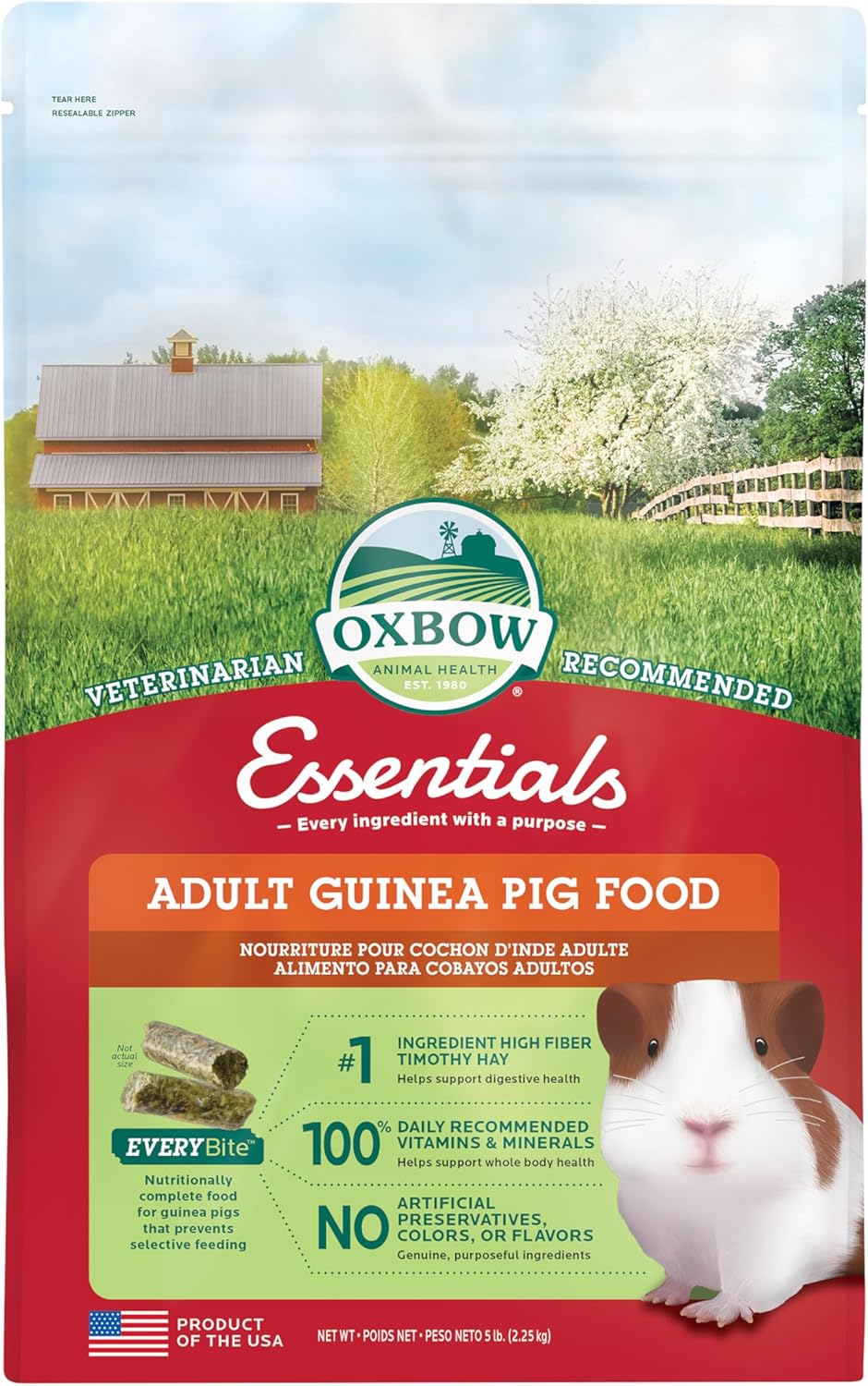 Oxbow Essentials Adult Guinea Pig Food - All Natural Adult Guinea Pig Pellets- Veterinarian Recommended- No Artificial Ingredients- All Natural Vitamins & Minerals- Made in the USA - 5 lb.