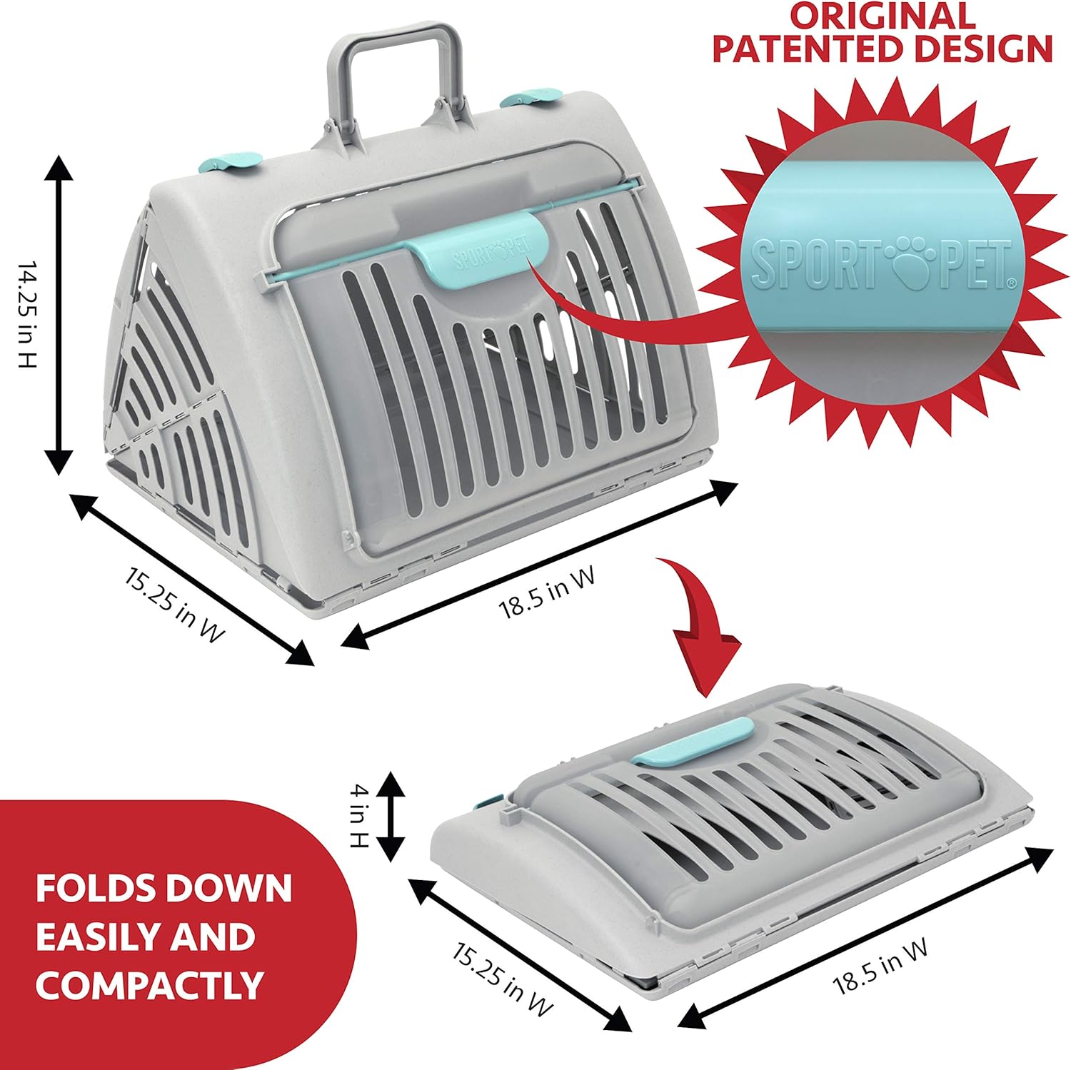 SportPet Designs Sport Pet Foldable Travel Cat Carrier with A Waterproof Bed - Front Door Plastic Collapsible Carrier, Gray (CM-10064-CS01)