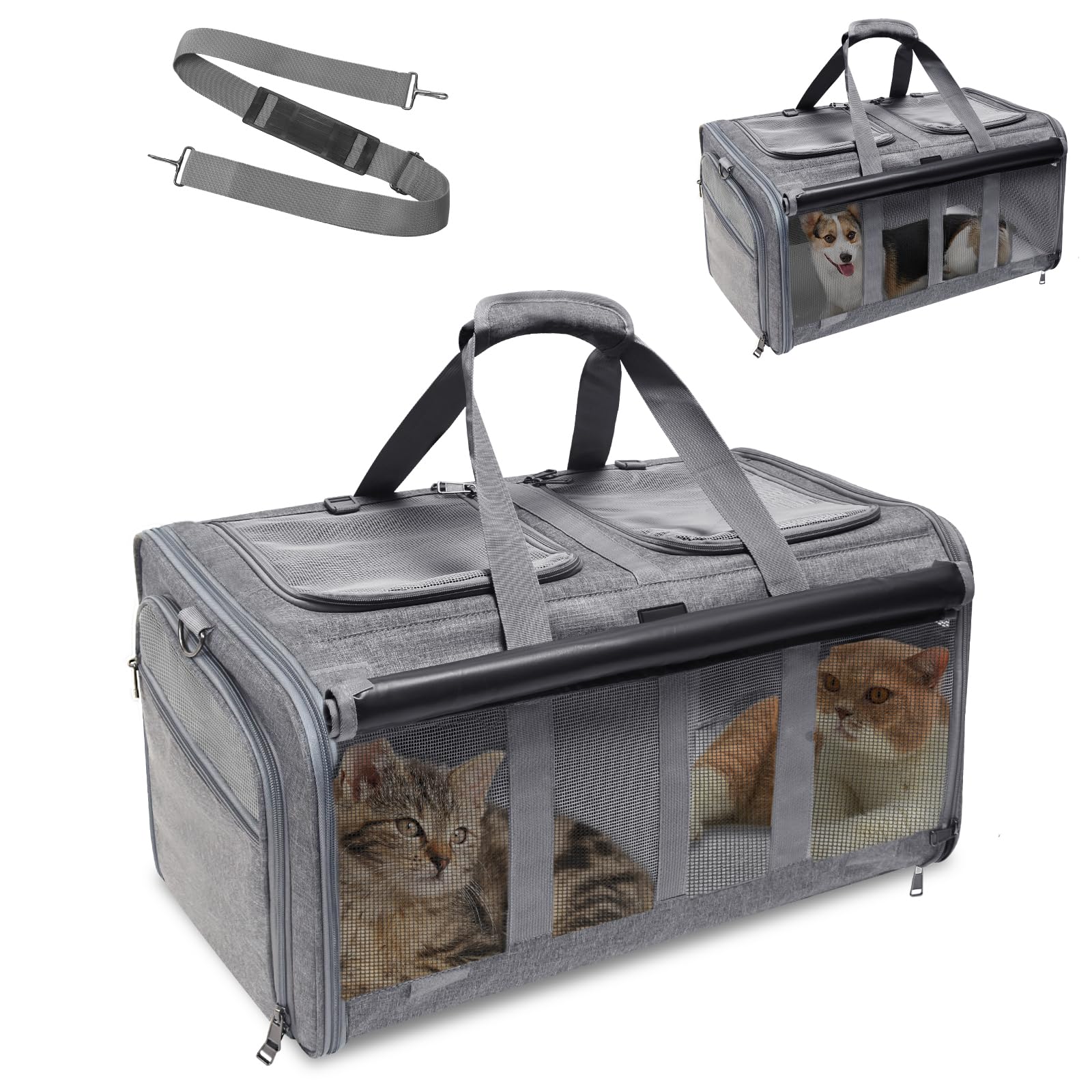 GJEASE Cat Rolling Carrier for 2 Cats,Double-Compartment Pet Rolling Carrier with Wheels for 2 Pets,for Up to 35 LBS,Super Ventilated Design,Ideal for Traveling/Hiking/Camping