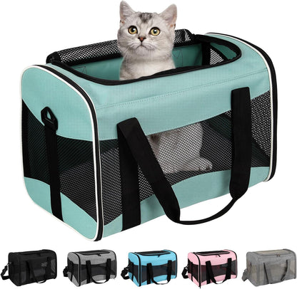 Cat Carrying Case Pet Dog Carrier Soft-Sided Cat Bag Airline Approved, Pet Travel Carrier Up to 15 Lbs, Collapsible Cat Carrier Dog Carrier for Medium Cats Small Cats Dogs(17x11x11 Green)