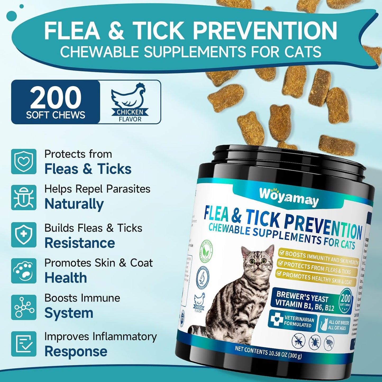 Flea Treatment for Cats, 200 Treats Flea and Tick Prevention for Cats Chewables, Natural Cat Flea and Tick Treatment Pills Daily Oral Flea Supplement, Kitten Cat Flea Treatment, Chicken Flavor