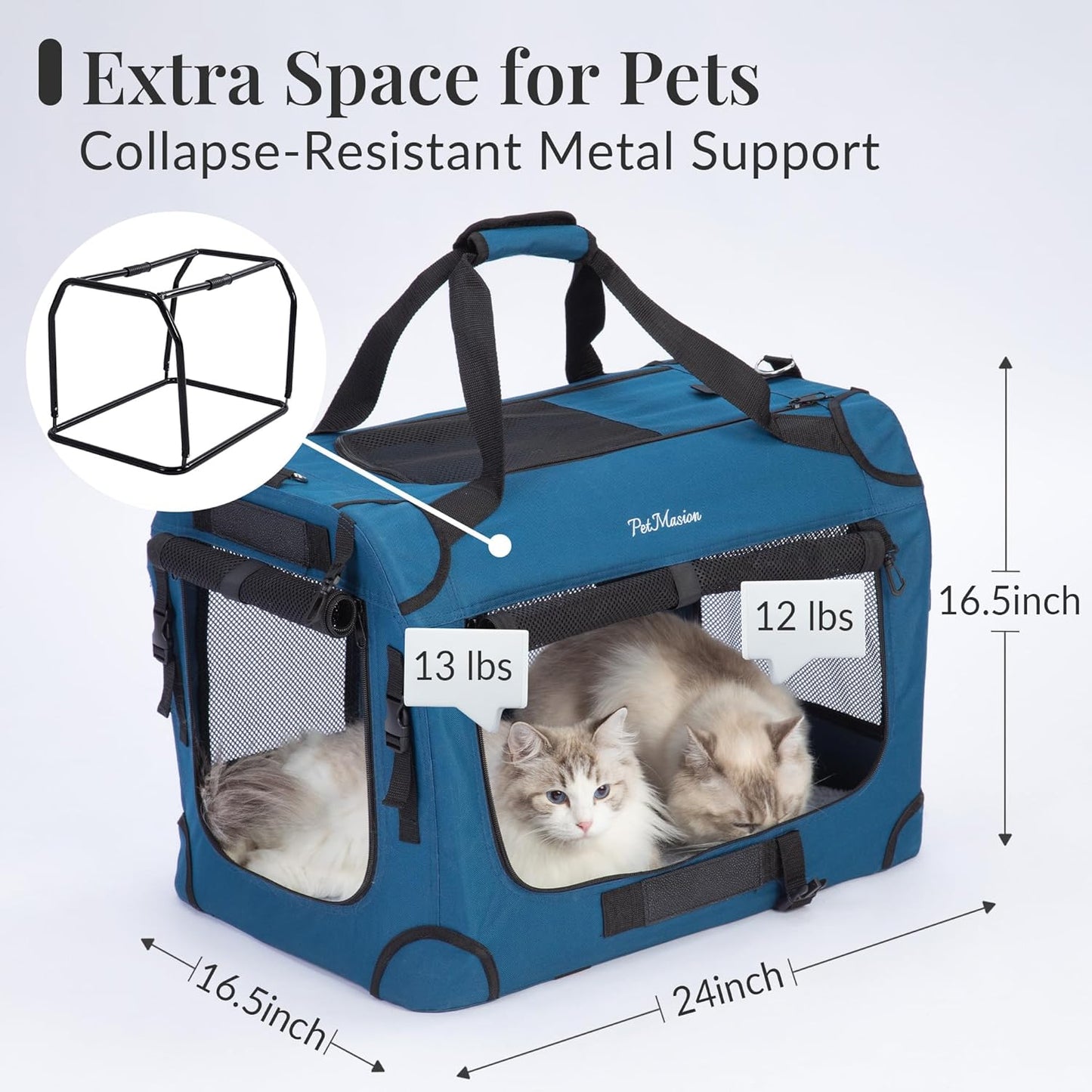 Extra Large Cat Carrier for 2 Cats, Collapsible Soft Sided Pet XL Crate for Large Mudium Big Cat 20lbs+, Car Travel Portable Bag for Long Trips Ride 24"x16.5"x16.5"