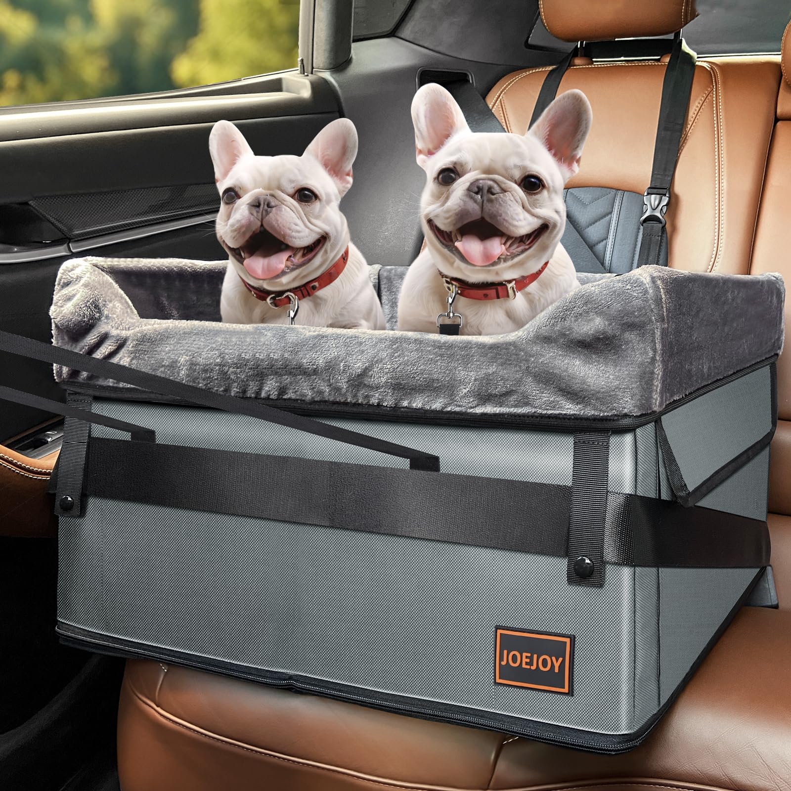 JOEJOY Small Dog Car Seat for Small Dogs, Portable Puppy Dog Booster Seat for Car with Clip-On Safety Leash, Adjustable Straps Perfect for Small Pets Up to 25lbs (Grey)