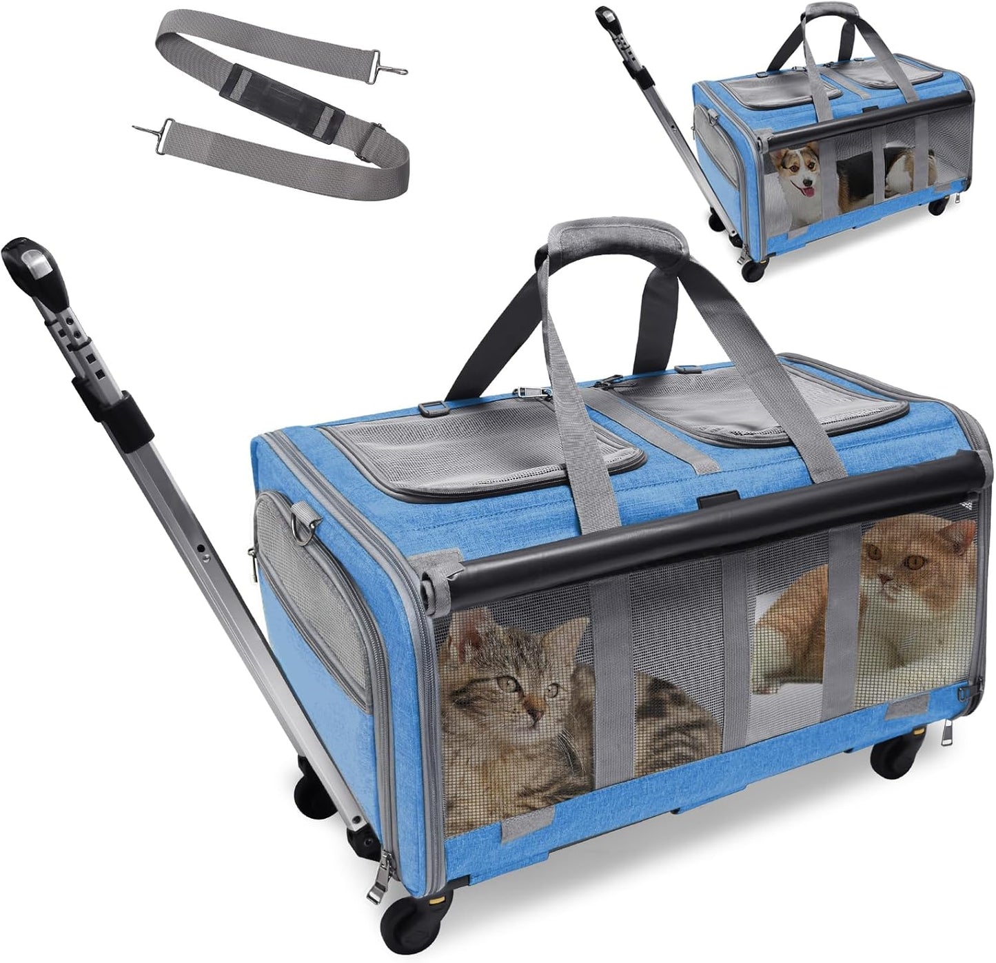 GJEASE Cat Rolling Carrier for 2 Cats,Double-Compartment Pet Rolling Carrier with Wheels for 2 Pets,for Up to 35 LBS,Super Ventilated Design,Ideal for Traveling/Hiking/Camping