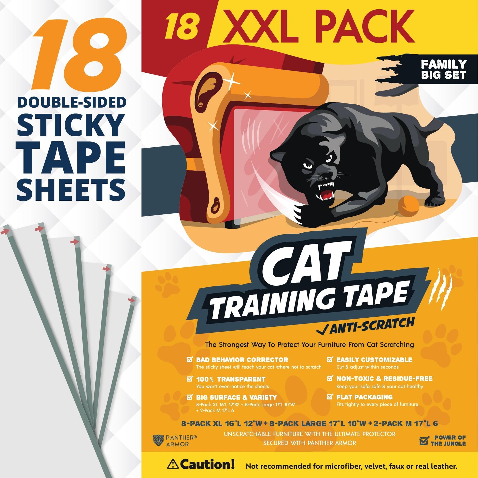 Panther Armor Cat Scratch Deterrent Double Sided Anti Scratching Sticky Tape - Furniture Protector and Cat Training Tape - Couch Corner Protector for Cats (12-Pack)