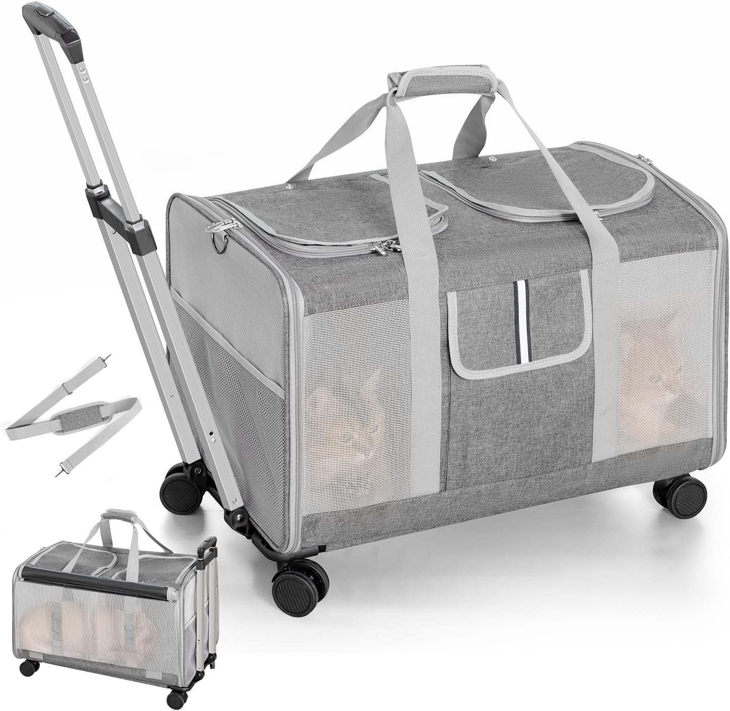 Double Cat Carrier with Wheels, 24" L x 14.5" W x 14" H Extra Large Cat Carrier for 2 Big Cats, Soft Rolling Pet Carrier for Dogs Up to 40 Lbs, Double-Compartment Foldable Pet Carrier (Grey)