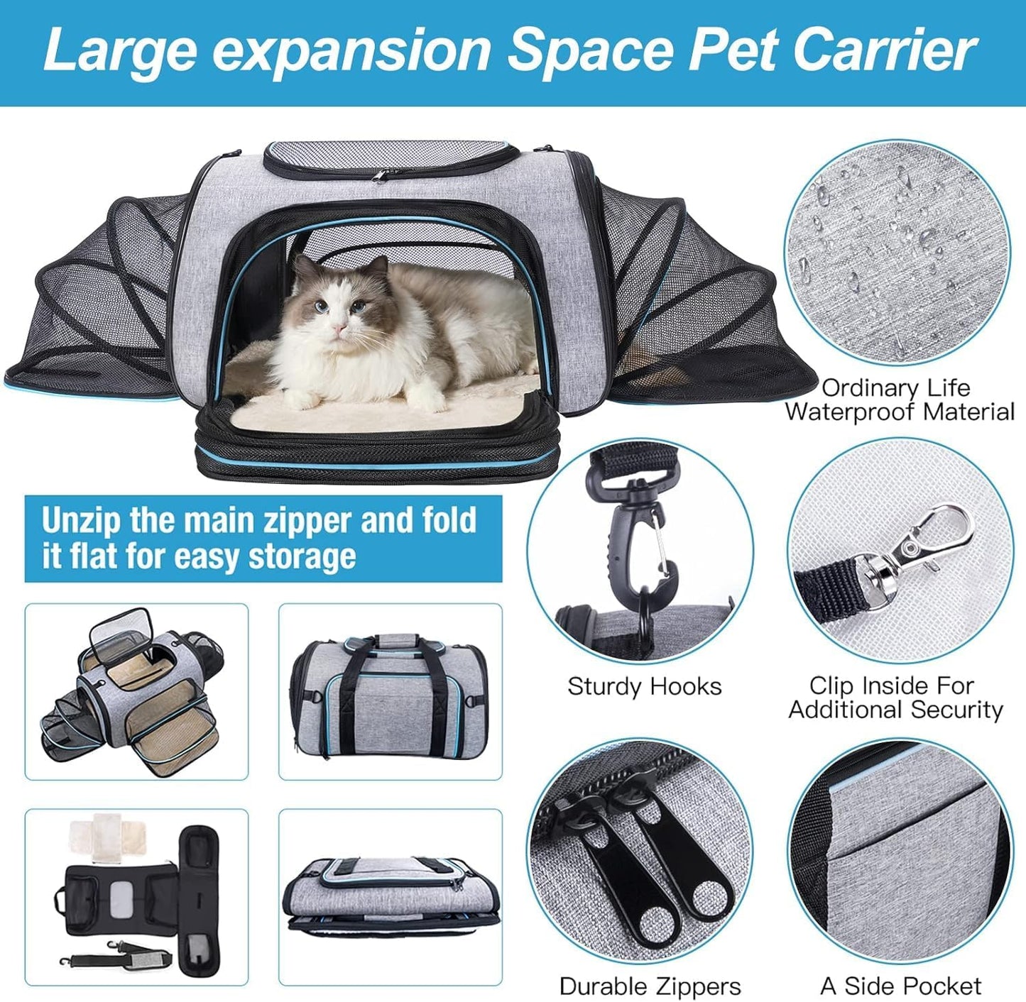 Siivton 4 Way Expandable Pet Carrier, Airline Approved Collapsible Cat Soft-Sided Carriers W/Removable Fleece Pad for Cats, Puppy, Small Dogs (18"x 11"x 11")