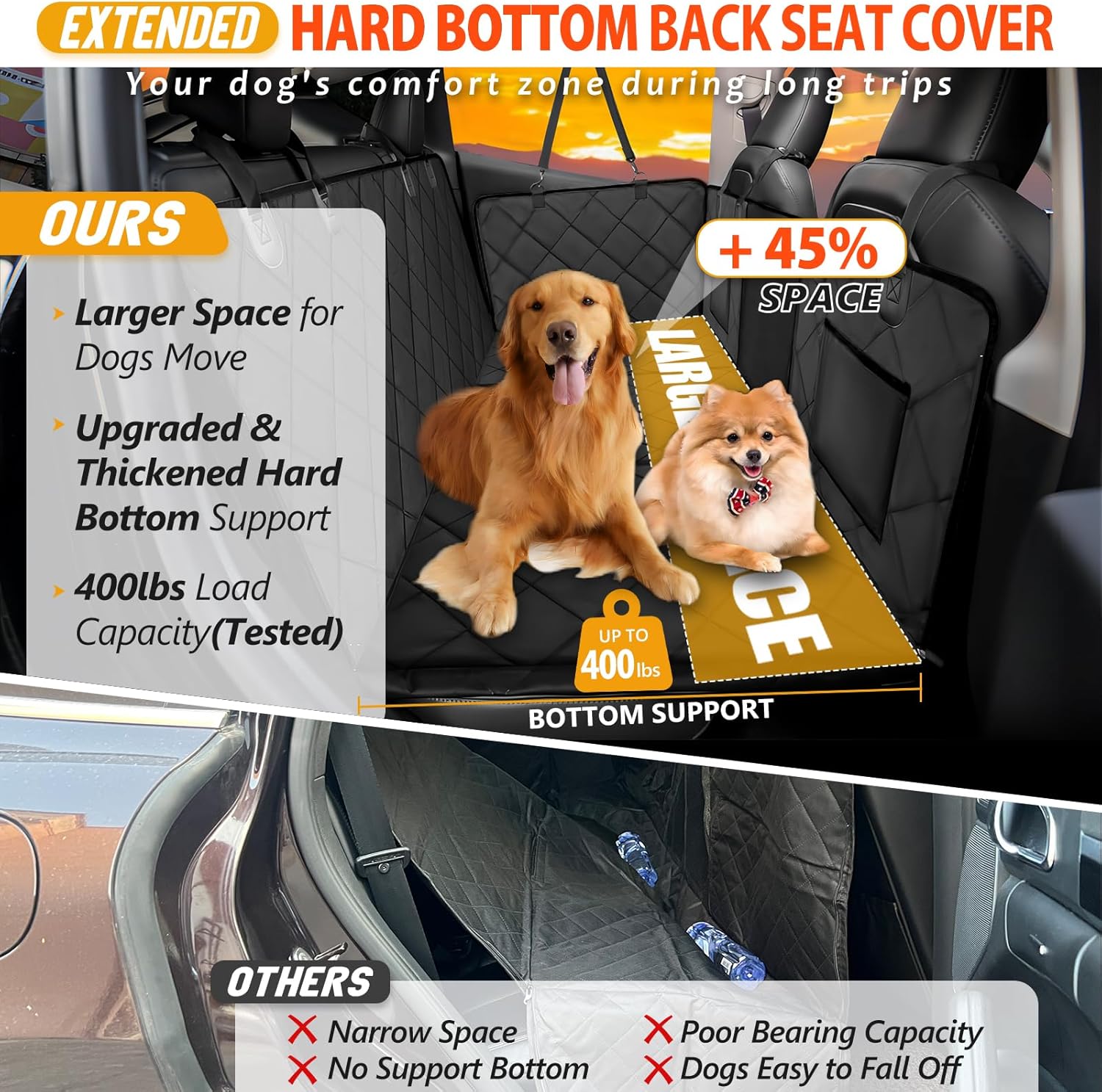 Back Seat Extender for Dogs-Large Space, Dog Car Seat Cover Hard Bottom Holds 400lbs, Sturdy Backseat Extender for Dogs, Waterproof Dog Hammock for Car Dog Car Bed for Car, SUV, Truck