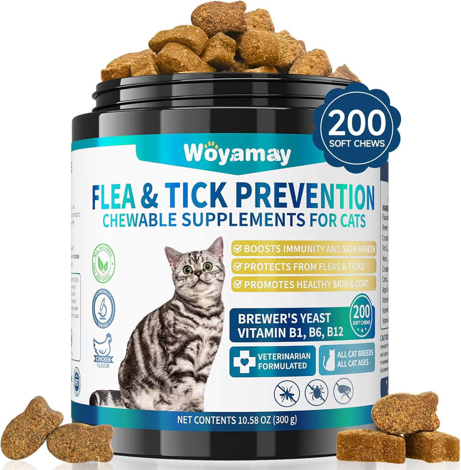 Flea Treatment for Cats, 200 Treats Flea and Tick Prevention for Cats Chewables, Natural Cat Flea and Tick Treatment Pills Daily Oral Flea Supplement, Kitten Cat Flea Treatment, Chicken Flavor