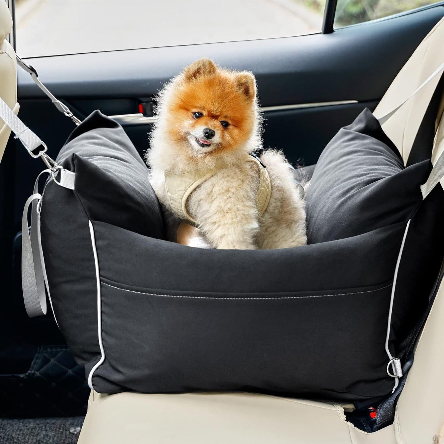 Lesure Small Dog Car Seat for Small Dogs - Waterproof Dog Booster Seat for Car with Storage Pockets, Clip-On Safety Leash and Thickened Memory Foam Filling, Pet Travel Carrier Bed Up to 25lbs, Black