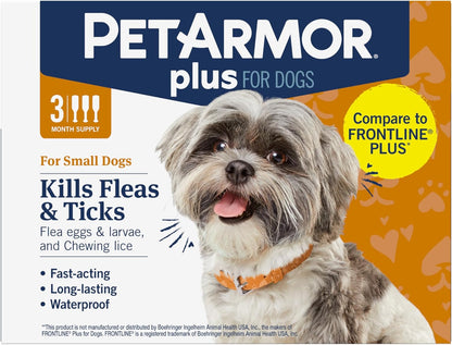 PetArmor Plus Flea and Tick Prevention for Dogs, Dog Flea and Tick Treatment, 3 Doses, Waterproof Topical, Fast Acting, Small Dogs (5-22 lbs)