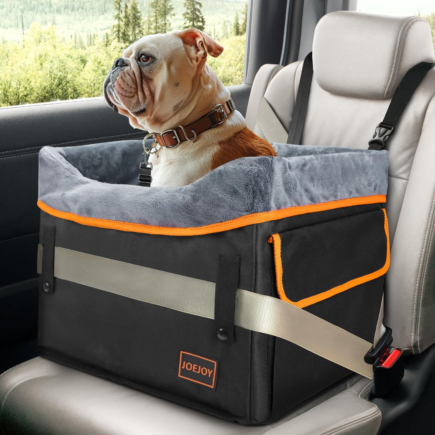 JOEJOY Small Dog Car Seat for Small Dogs, Portable Puppy Dog Booster Seat for Car with Clip-On Safety Leash, Adjustable Straps Perfect for Small Pets Up to 25lbs (Grey)