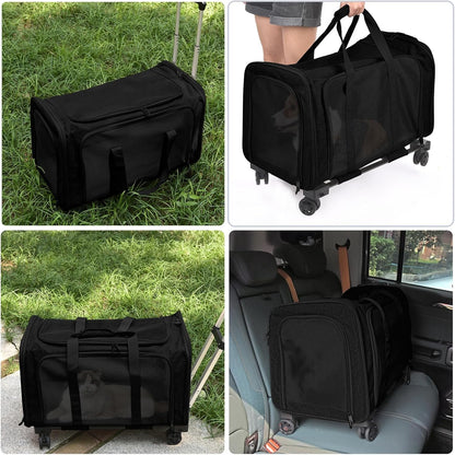 Large Dog Cat Carriers with Wheels Puppies up to 45 Lbs, Big Dog Carrier Soft Sided, Collapsible Travel Puppy Carrier - Extra Large - Black