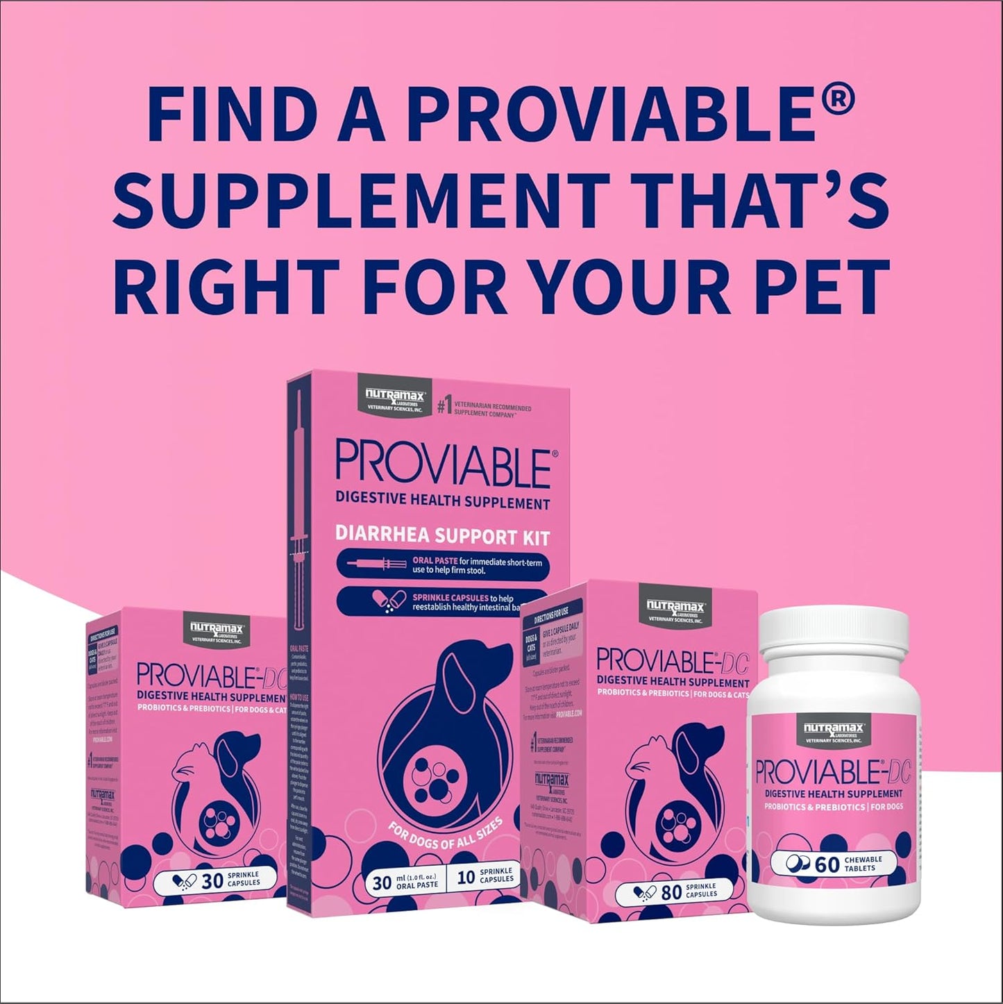 Nutramax Proviable Digestive Health Supplement Multi-Strain Probiotics and Prebiotics for Cats and Dogs - With 7 Strains of Bacteria, 30 Capsules