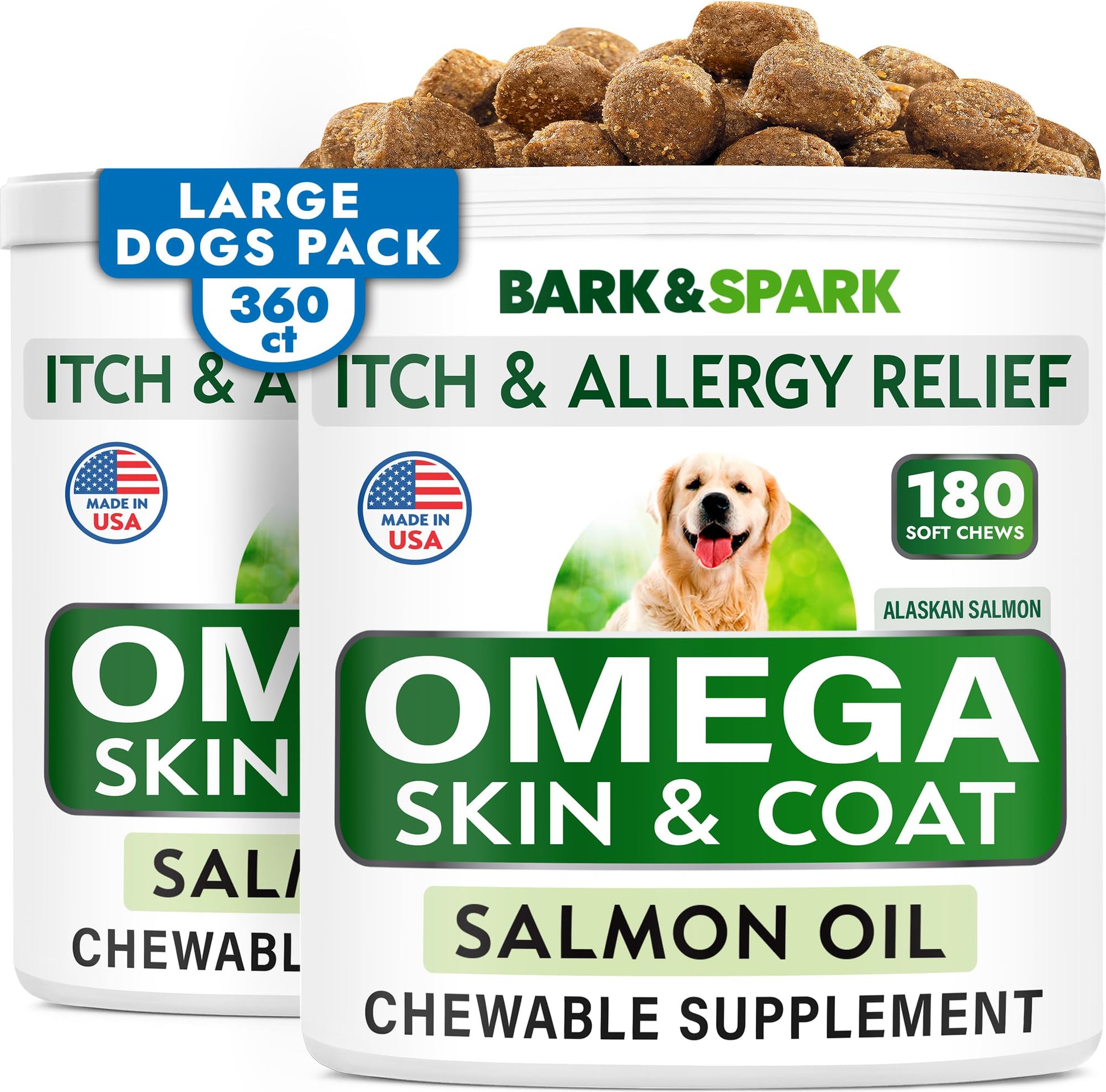 BARK&SPARK Omega 3 for Dogs - 180 Fish Oil Treats for Dog Shedding, Skin Allergy, Itch Relief, Hot Spots Treatment - Joint Health - Skin and Coat Supplement - EPA & DHA Fatty Acids - Salmon Oil