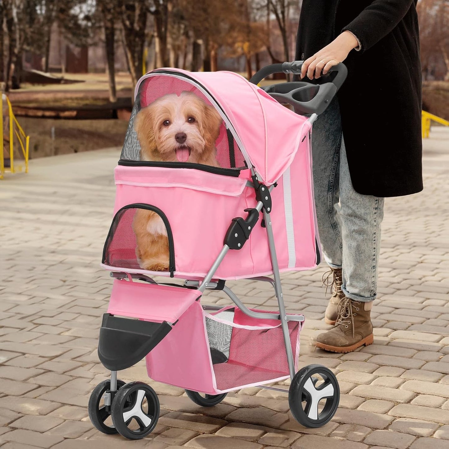 MoNiBloom Foldable 3-Wheel Pet Stroller with Storage, Cup Holder, and Waterproof Cover for Small Dogs and Cats