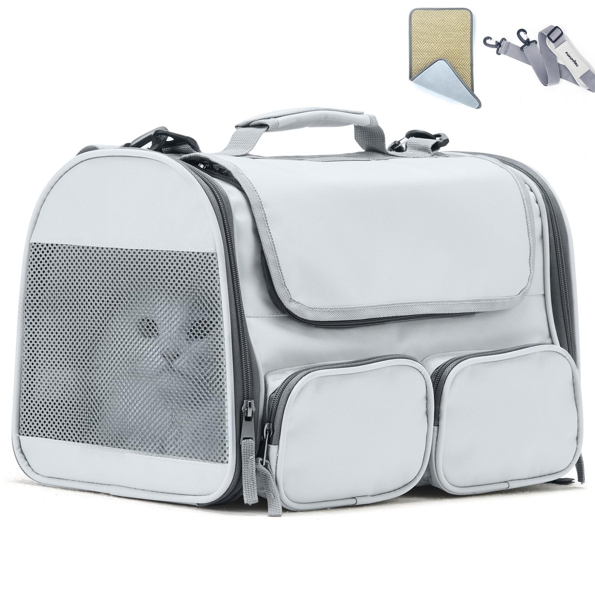 FUKUMARU Cat Carrier, Soft-Sided Small Dog Carrier, Large Cat Travel Bag with 4 Mesh Windows, Under 15 lb Airline Approved Pet Carrier with 4 Storage Pockets, Rollable Cover for Nervous Cats, Grey