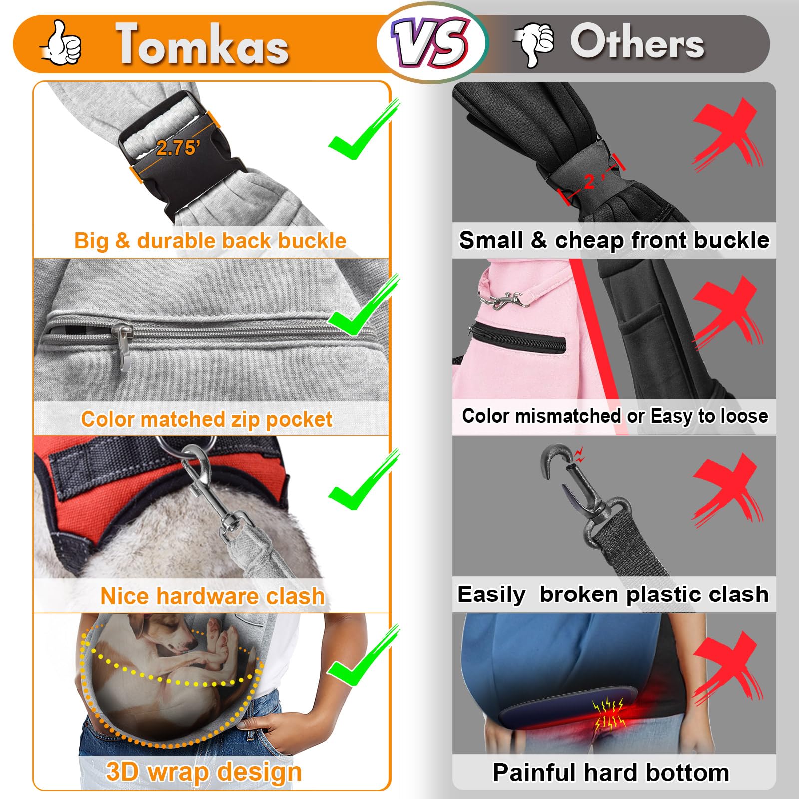 Tomkas Small Dog Sling Carrier - Adjustable Strap & Zip Pocket - Suitable for Puppies (Black) LukkyDeals