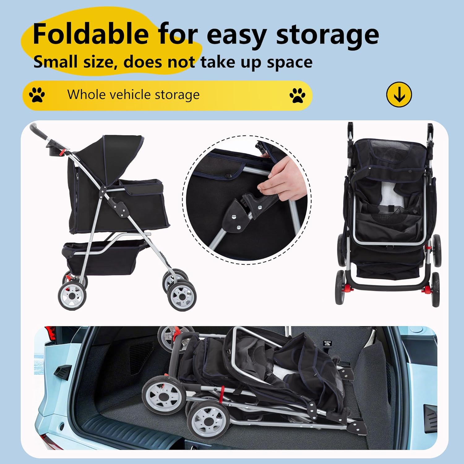 FDW Pet Stroller 4-Wheel Dog Cat Stroller Travel Folding Carrier Puppy Stroller with Cup Holder and Removable Liner for Small Medium Dogs Cats, Black