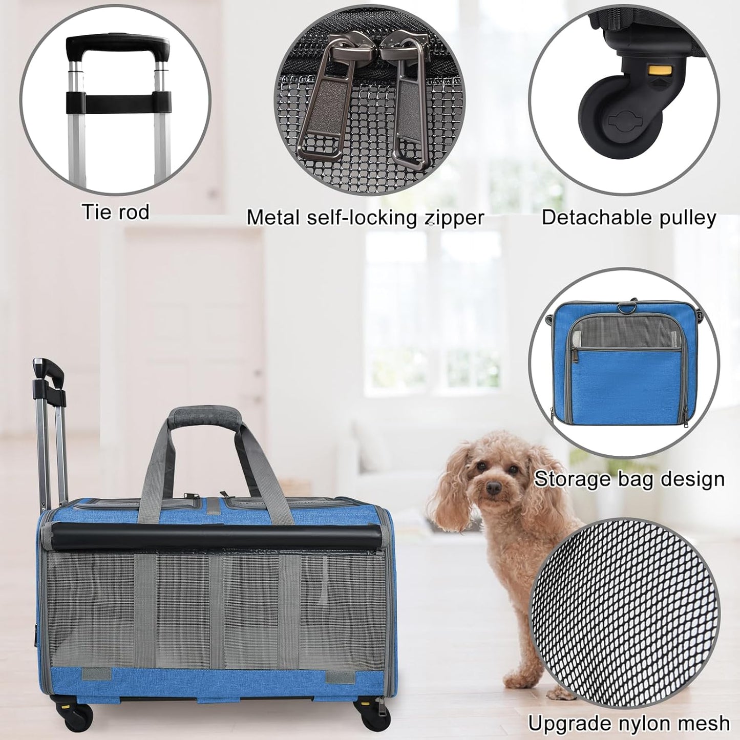 GJEASE Cat Rolling Carrier for 2 Cats,Double-Compartment Pet Rolling Carrier with Wheels for 2 Pets,for Up to 35 LBS,Super Ventilated Design,Ideal for Traveling/Hiking/Camping