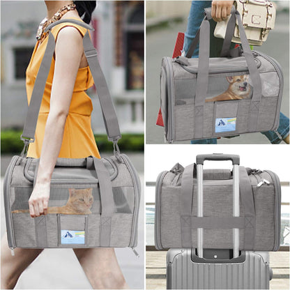 Refrze Pet Carrier Airline Approved, Cat Carriers for Medium Cats Small Cats, Soft Dog Carriers for Small Dogs Medium Dogs, TSA Approved Pet Carrier for Cats Dogs of 15 Lbs, Puppy Carrier,Grey