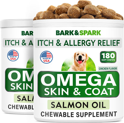 BARK&SPARK Omega 3 for Dogs - 180 Fish Oil Treats for Dog Shedding, Skin Allergy, Itch Relief, Hot Spots Treatment - Joint Health - Skin and Coat Supplement - EPA & DHA Fatty Acids - Salmon Oil