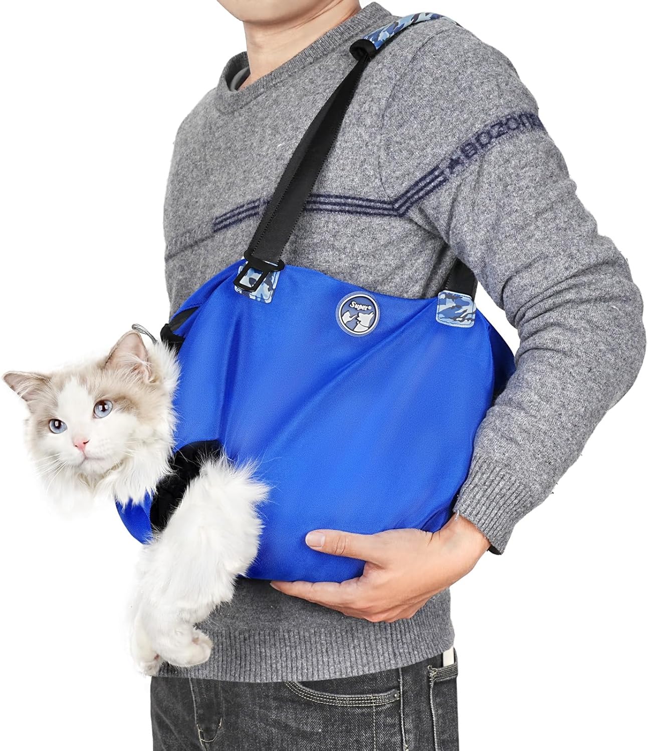 Large Cat Carrier Pouch for Vet Visits, Breathable Cat Sling Carrier for Cutting Nails, Grooming, Travel, Medication, Cat Restraint Bag, Pet Carrier for Cats, Cat Carrier Soft, (Blue,L)